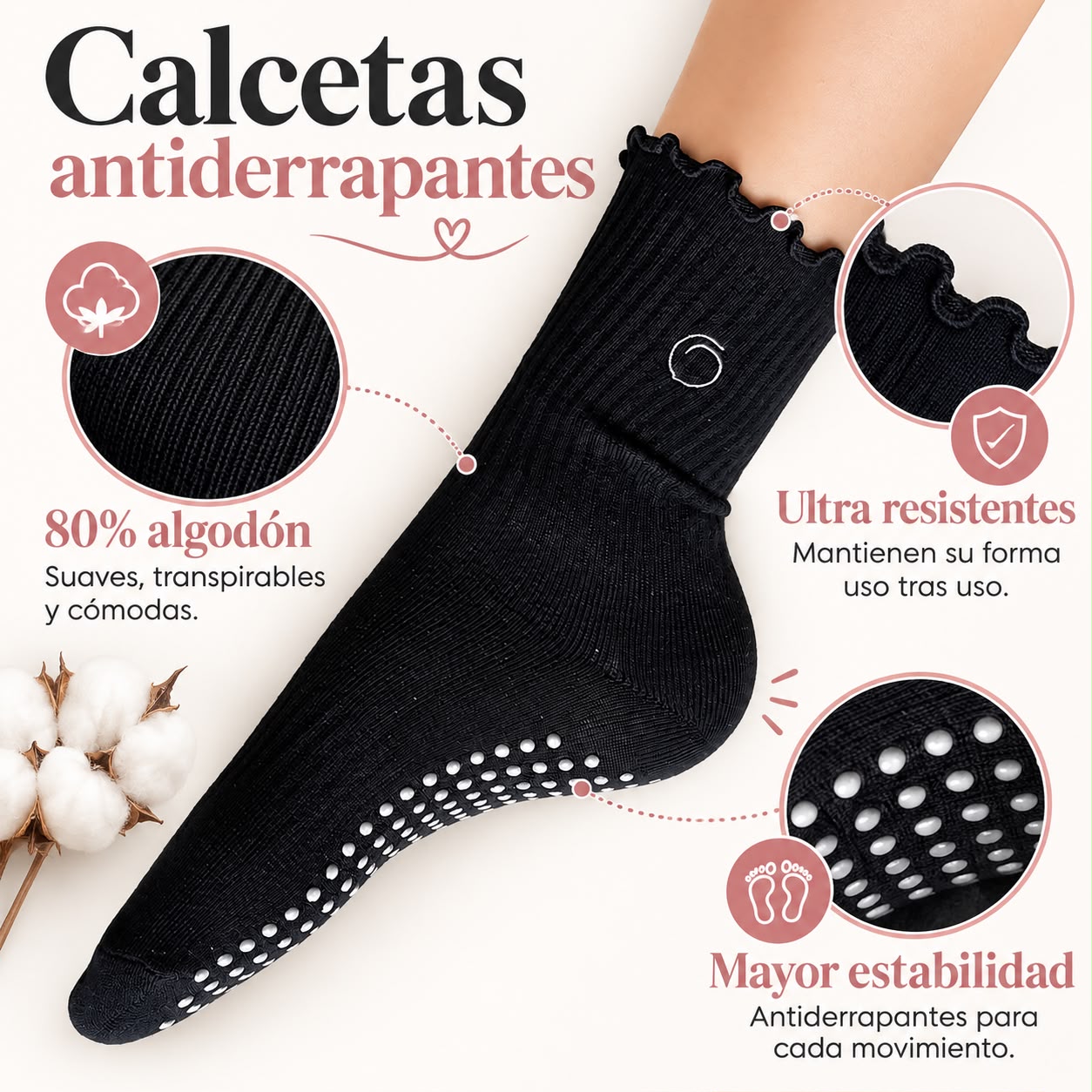 Calceta Antiderrapante Negro Melocotón Curly - miniatura 2