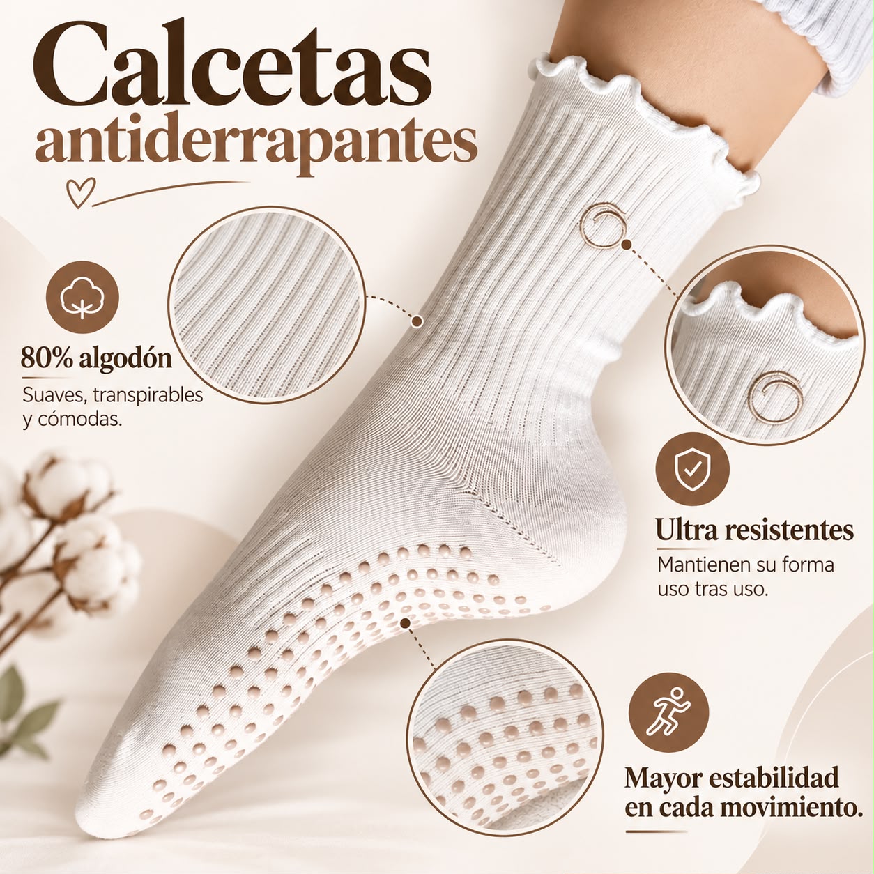 Calceta Antiderrapante Blanco/Nude Melocotón Curly - miniatura 3